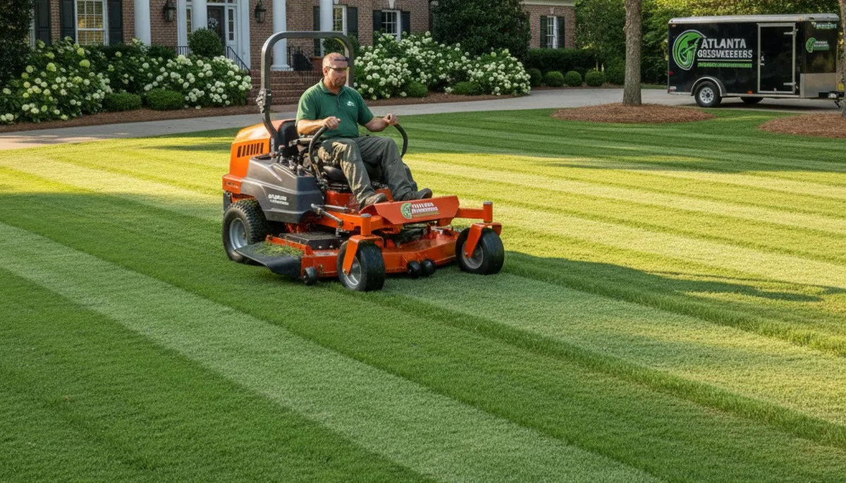 Close-up of freshly mowed, healthy green grass showing precise lawn care quality in Atlanta, GA
