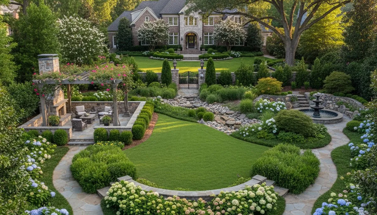 Complete residential landscape design with mature plantings and hardscapes in Atlanta, GA
