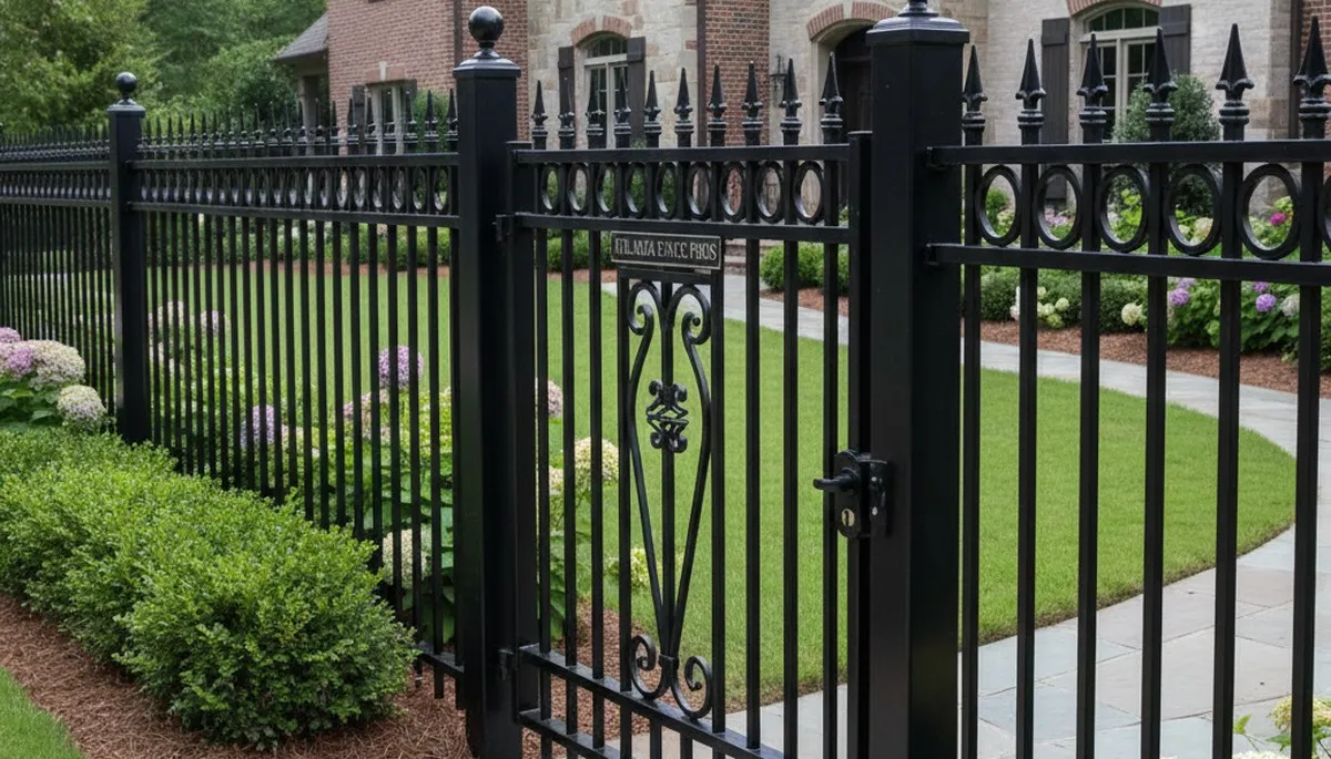 Ornamental black metal fence installation in Atlanta, GA by Chop Chop Landscaping for elegant property design