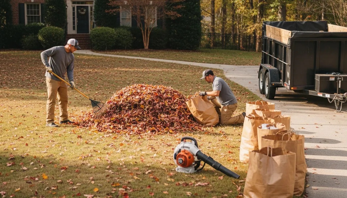 Technicians performing fall leaf removal and yard clean up at a residential lawn in Atlanta, GA