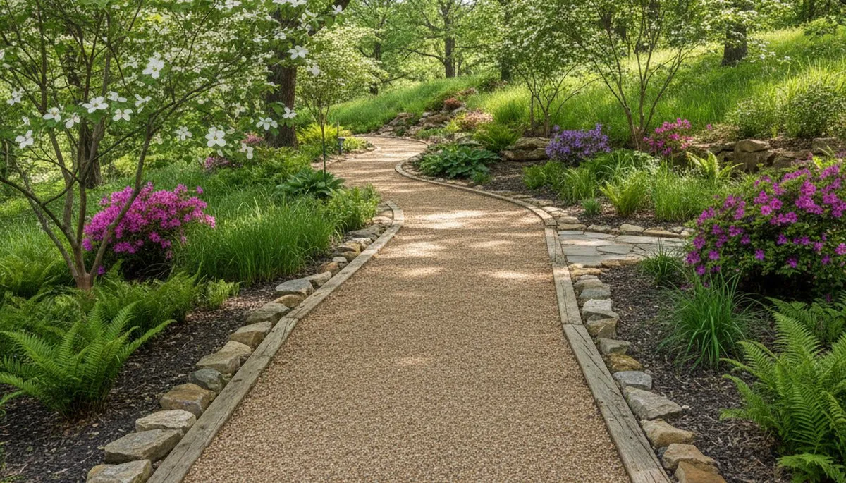 Pea gravel garden pathway with defined borders in Atlanta, GA landscaping by Chop Chop Landscaping