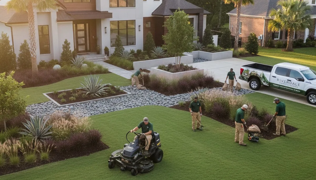 Atlanta, GA landscaping crew providing professional lawn care for residential and commercial properties