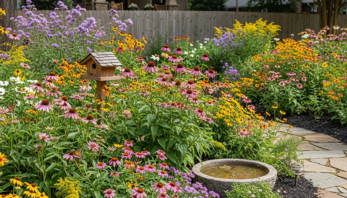 Vibrant native pollinator garden with bees and blooms by organic landscapers in Atlanta, GA