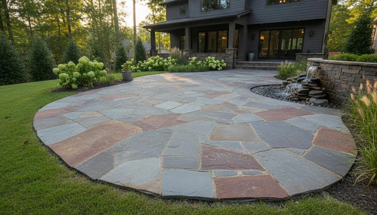 Flagstone patio with natural slate pavers professionally installed by landscaping experts in Atlanta, GA