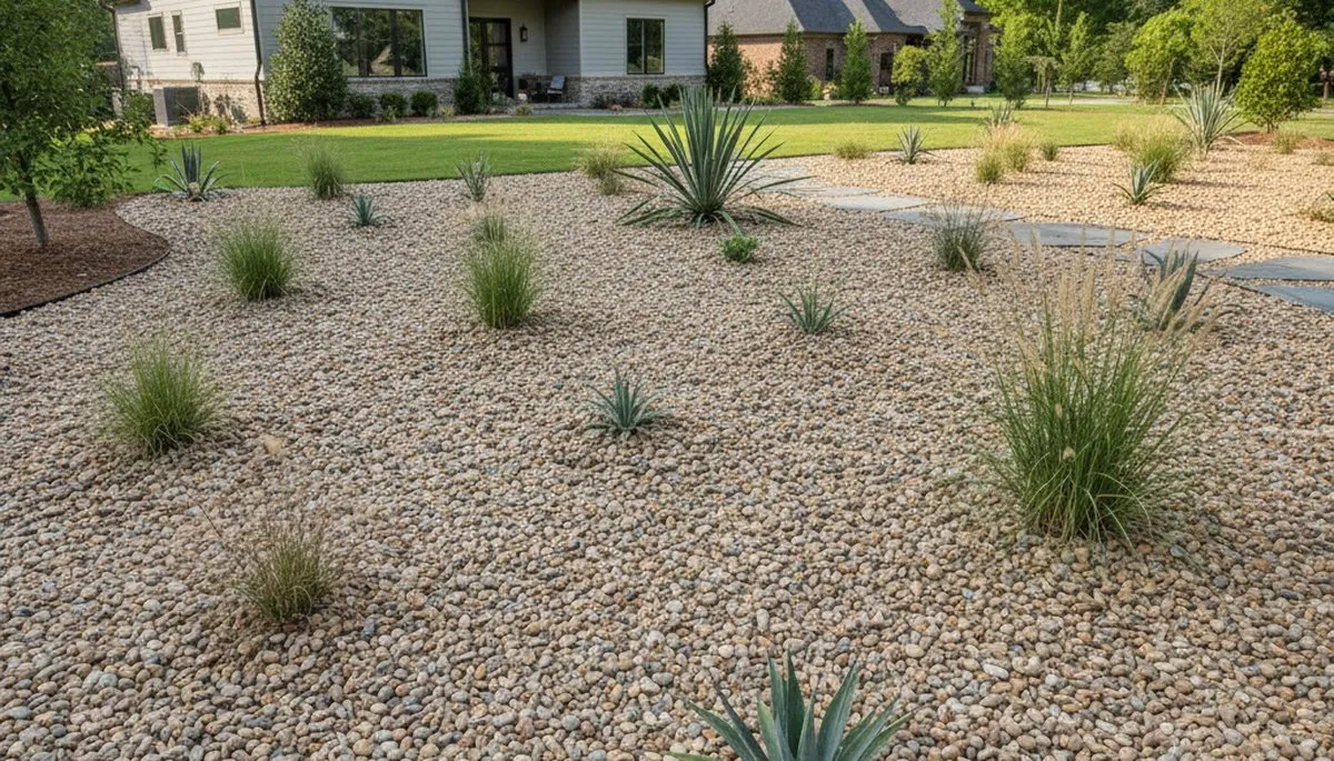 Pea gravel ground cover mulch installation in Atlanta GA landscape with clean, low-maintenance design