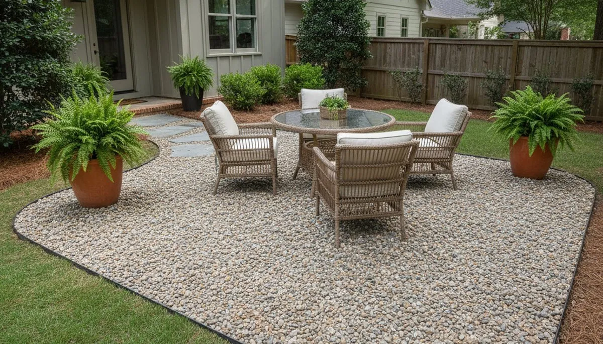 Professional pea gravel patio installation in Atlanta GA with smooth surface and defined landscape edging