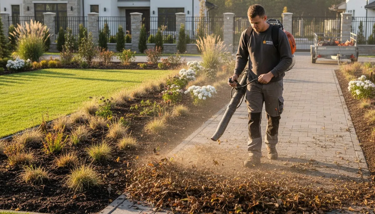 Crew member using leaf blower for lawn debris cleanup in Atlanta, GA by Chop Chop Landscaping
