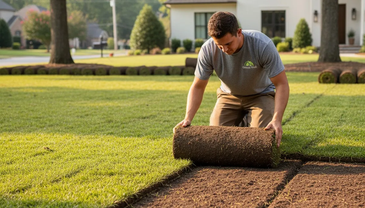 Professional landscapers installing fresh sod rolls with precision in Atlanta, GA lawn renovation project