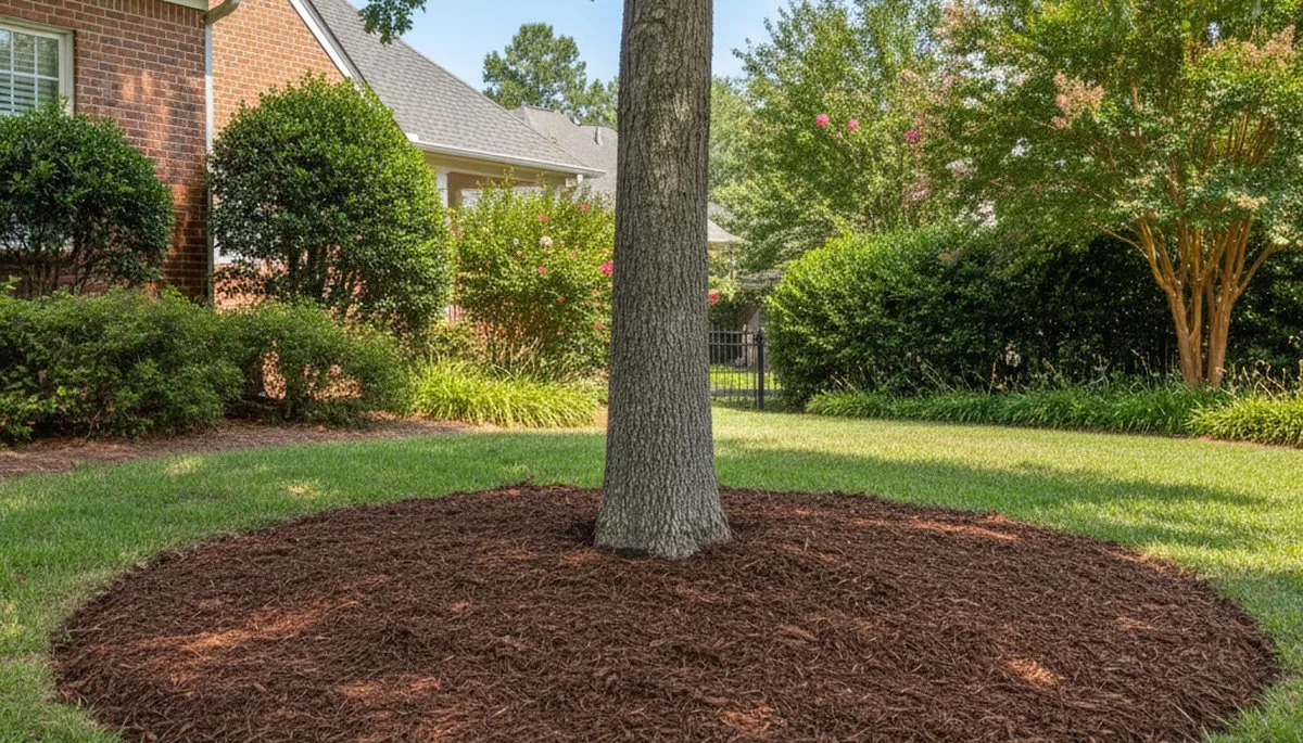 Professional tree ring mulching around tree base in Atlanta, GA landscape by Chop Chop Landscaping