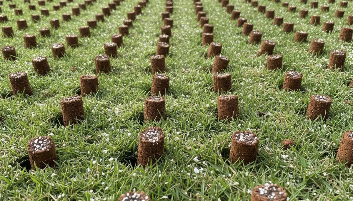 Close-up of soil core plugs from professional lawn aeration in Atlanta, GA by Chop Chop Landscaping