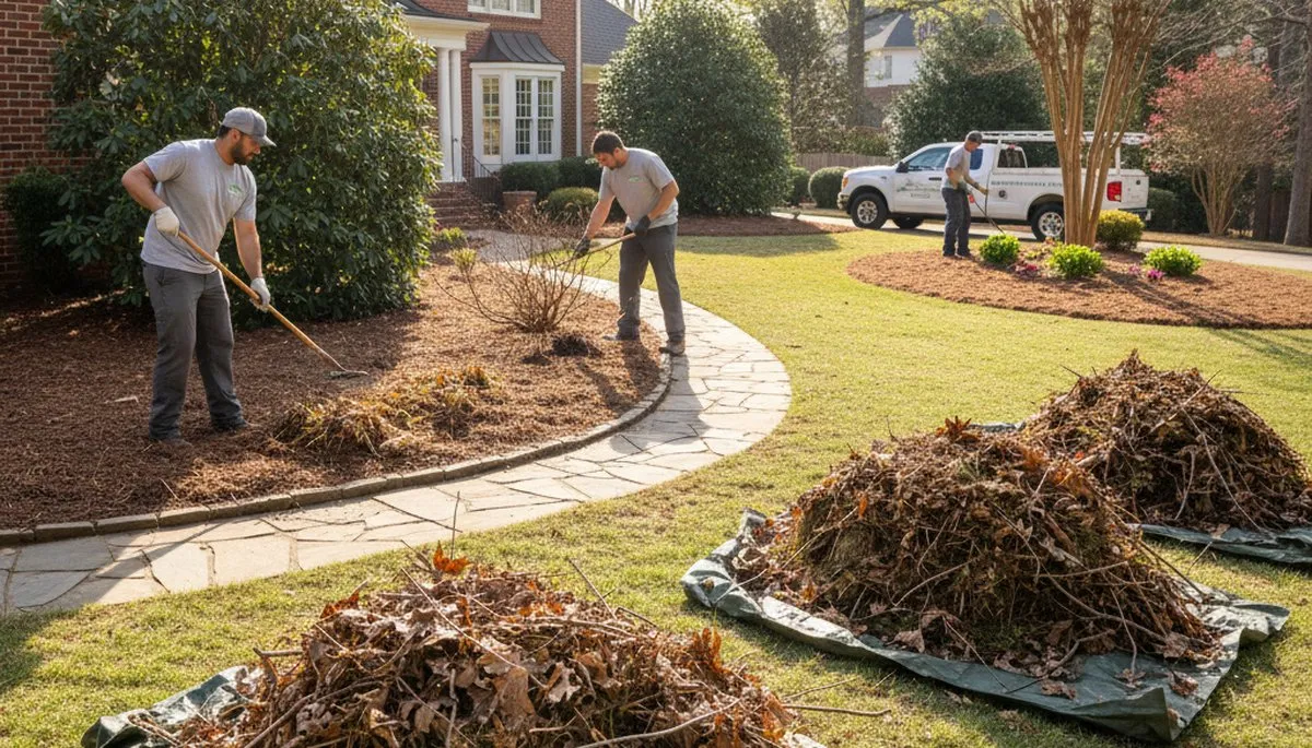 Atlanta landscapers performing spring yard clean up, clearing debris and pruning gardens for seasonal refresh