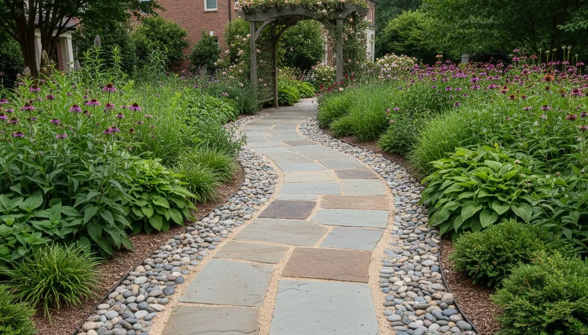 Curved stone paver walkway installed by professional landscapers in Atlanta, GA residential yard